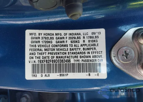 2013 Honda Civic Ex from USA, damaged, VIN 19XFB2F89DE082496